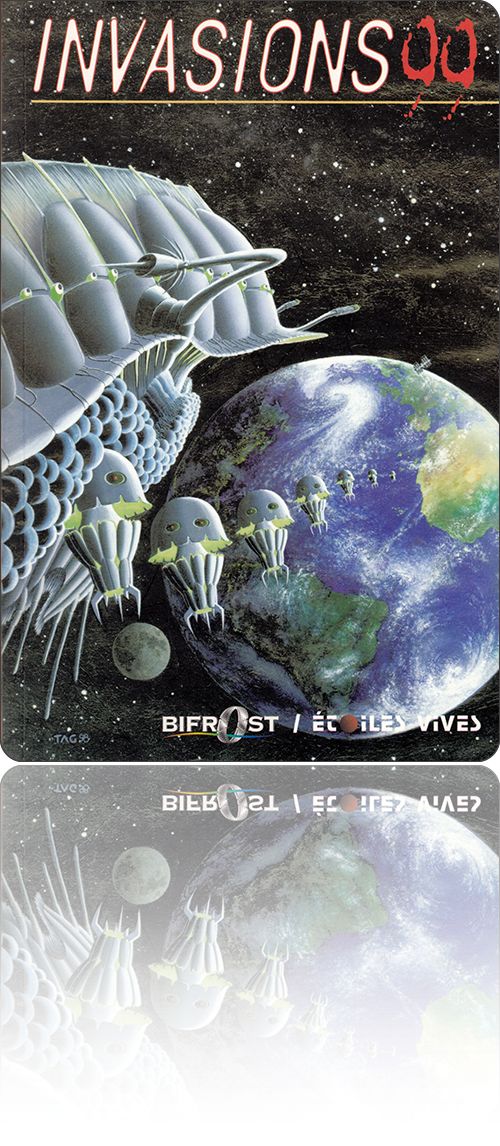 couverture représentant un vaisseau spatial insectoïde à l'approche de la Terre, “pondant” en quelque sorte à la chaîne des navettes qui se dirigent à la queue leu leu vers l'Afrique