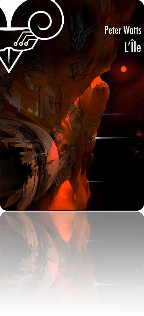 couverture dans les tons cramoisis représentant les flancs d'un vaisseau spatial qui s'approche d'une naine rouge