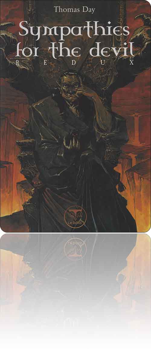 couverture dans des tons sombres de sienne représentant le Diable, assis sur son trône l'air pensif, un chat aux yeux rouges qu'il tient entre ses griffes ayant l'air plus féroce que lui