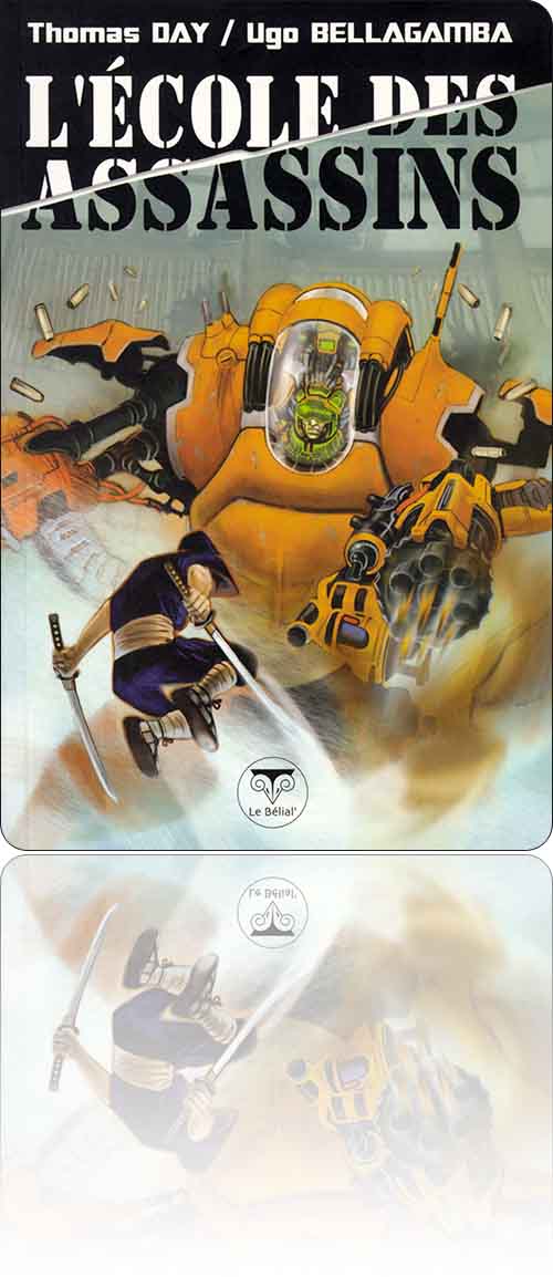 couverture dans les tons orange représentant un ninja est ses sabres qui s'oppose au pilote d'un robot de combat