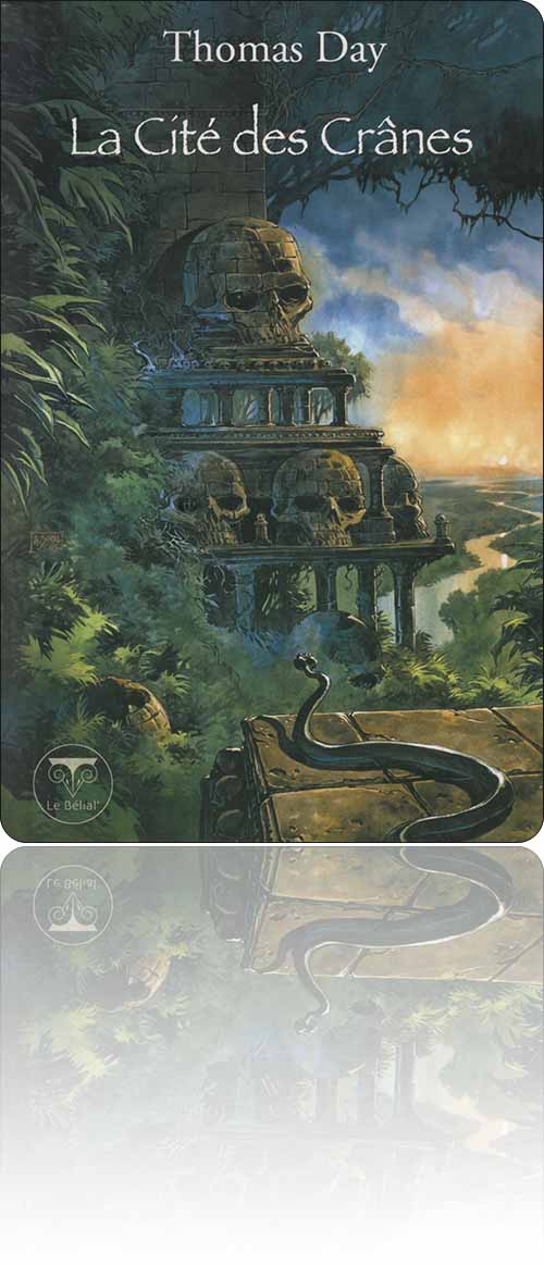couverture dans les tons de vert représentant sous l'œil d'un serpent un temple dans la jungle dont la statuaire n'est faite que de crânes