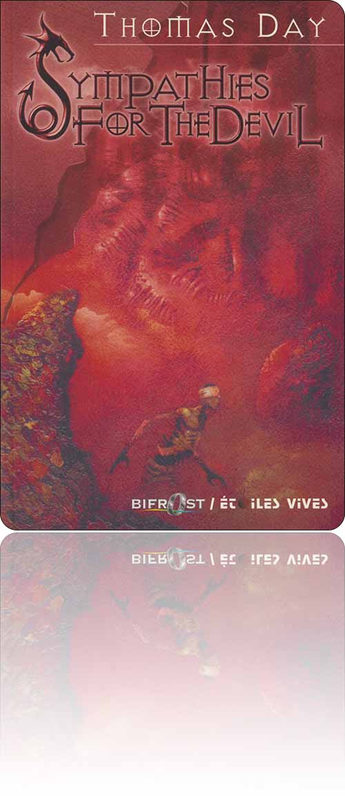 couverture uniformément rouge représentant un homme, les yeux bandés, qui circule entre les reliefs de l'Enfer