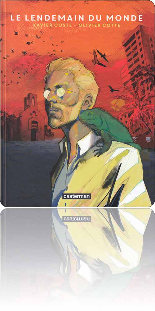 couverture dans les tons crus représentant un homme et son iguane à l'épaule