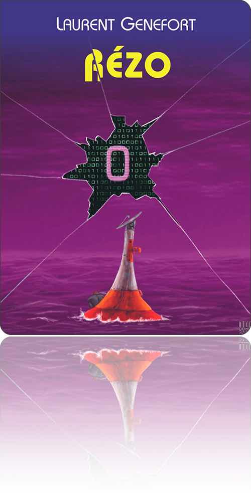 couverture dans les tons de violet représentant, au-dessus d'une bouée et en pleine mer, une fracture numérique dans la trame de la réalité