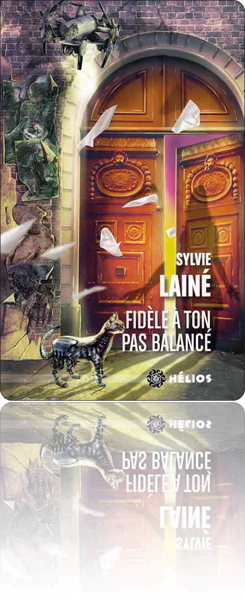 couverture dans les tons orange représentant devant un portail entrouvert un chat cyborg dont l'arrière-train est artificiel