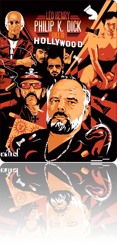 couverture dans les tons de sienne représentant Philip K. Dick sur fond de Beatles uchroniques vieillissants