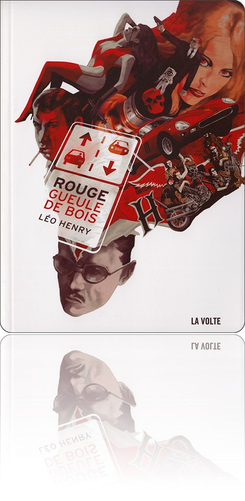 couverture dans les tons de rouge présentant un ensemble d'objets qui jaillissent de la tête ouverte de Fredric Brown et qui sont certainement censés représenter des constantes de son œuvre : voiture, whisky, cigarette, femme, arme, etc.