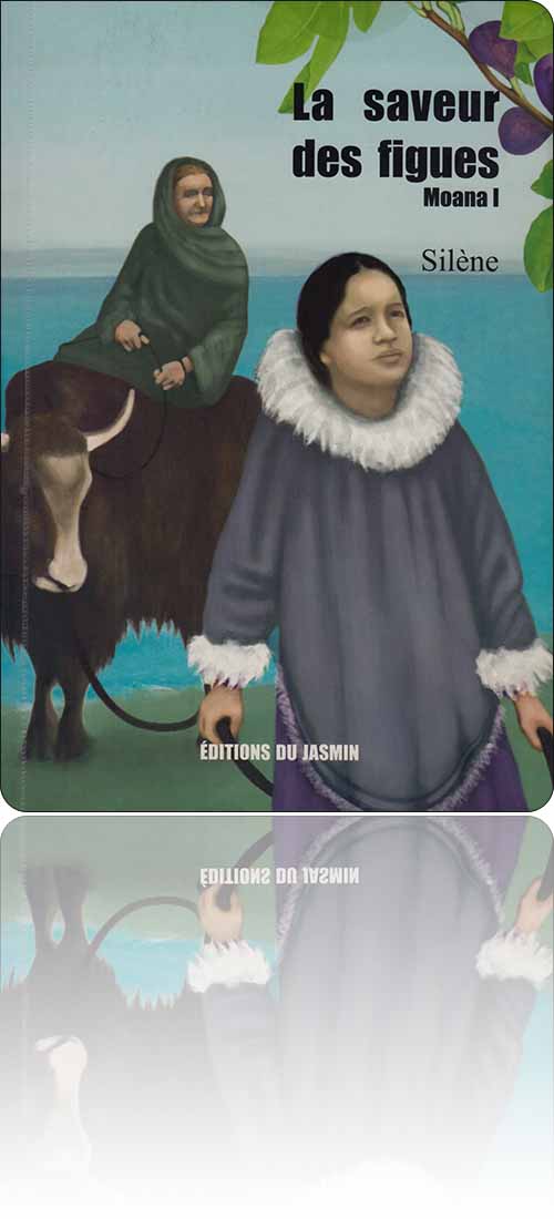 couverture dans les tons de vert représentant une jeune fille qui tient en laisse le bœuf sur lequel est assise sa grand-mère