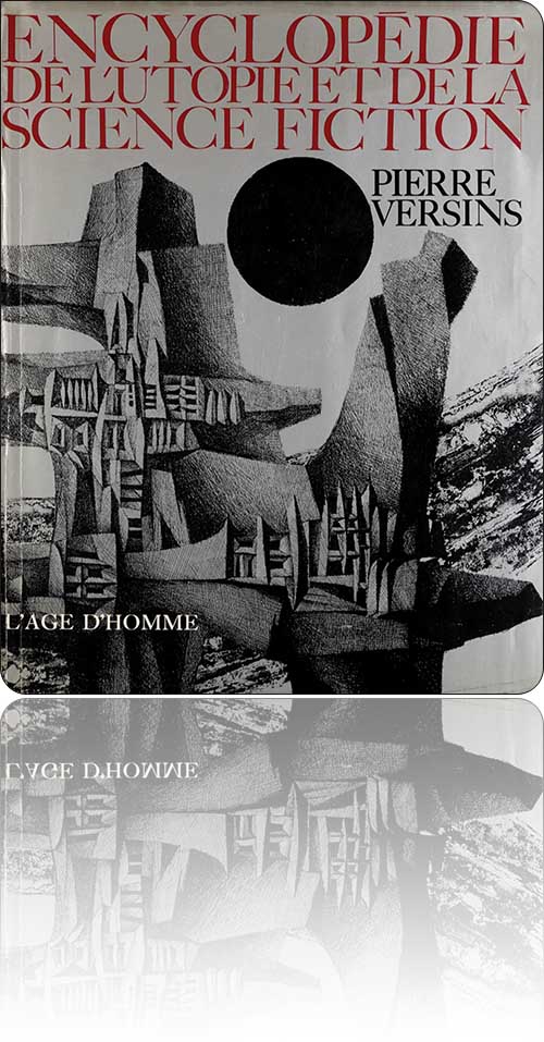 jaquette noir et argent représentant un édifice intriqué près d'un rivage et sous un soleil noir d'Arcadie