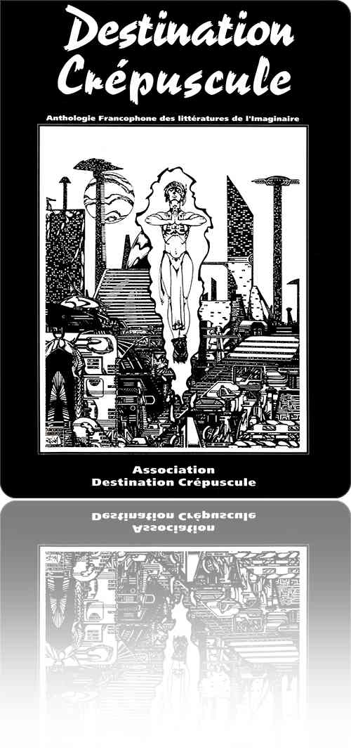 couverture en noir et blanc représentant l'ascension d'un Jésus cybernétique dans une ville du futur