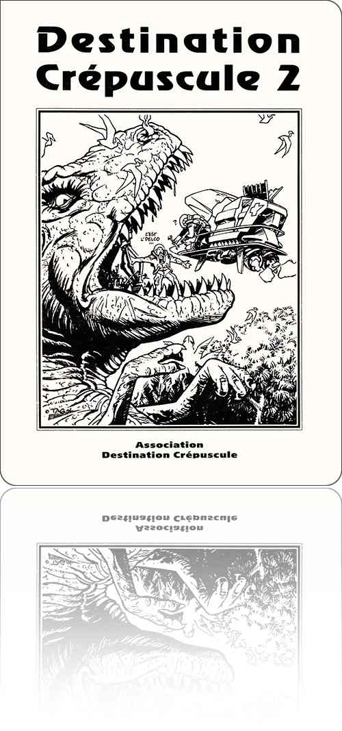 couverture en noir et blanc représentant une équipe de réparation à l'œuvre sur un brontosaure mécanique