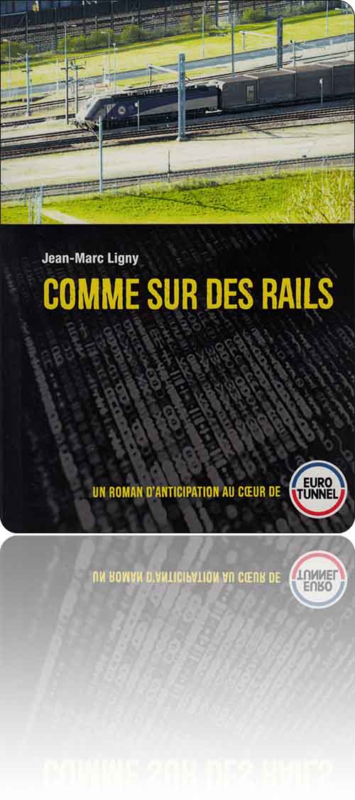 couverture dans les tons de gris et de vert représentant un train de marchandises et un affichage de code informatique brouillé