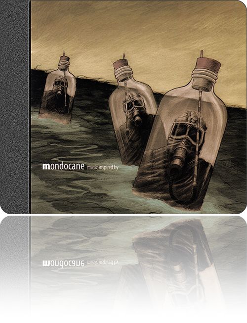 couverture représentant trois personnages enfermés chacun dans une bouteille qui flotte sur l'océan, leur masque à gaz étant relié à une paille qui passe à travers le bouchon (version grise)