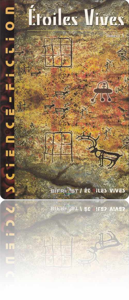 couverture dans les tons de rouille représentant une peinture rupestre où les chasseurs de rennes sont confrontés à une soucoupe volante