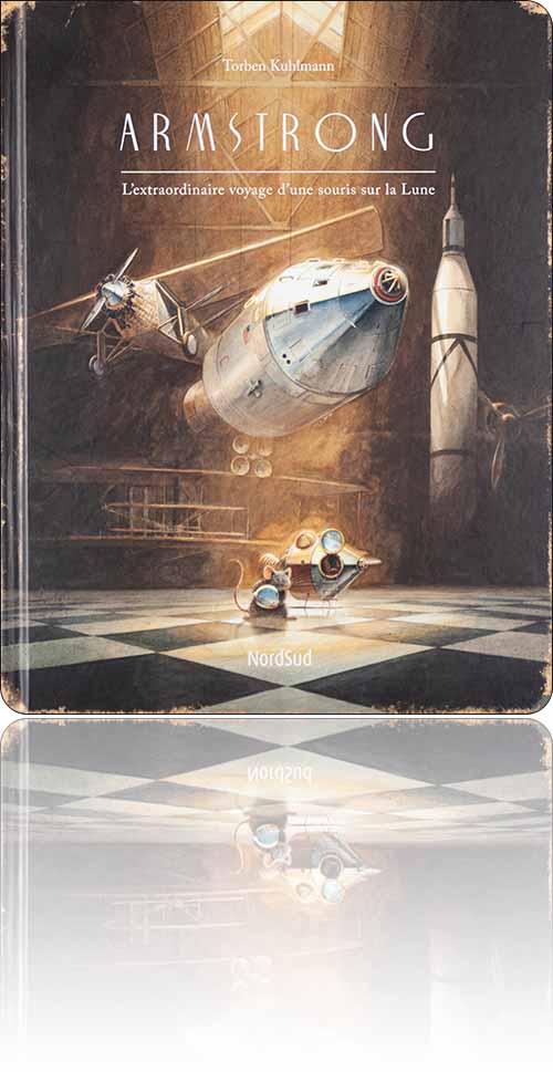 couverture dans les tons de marron représentant dans un musée de l'air et de l'espace une souris, le casque à la main, qui s'apprête à monter dans sa capsule spatiale