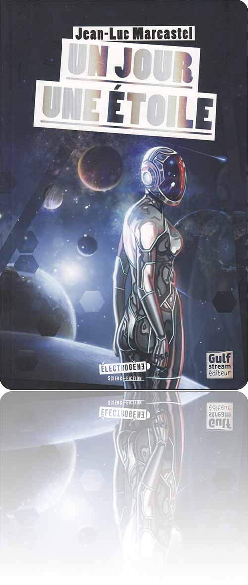 couverture dans les tons de bleu représentant une femme en scaphandre justaucorps debout à la surface d'un satellite parmi tant d'autres