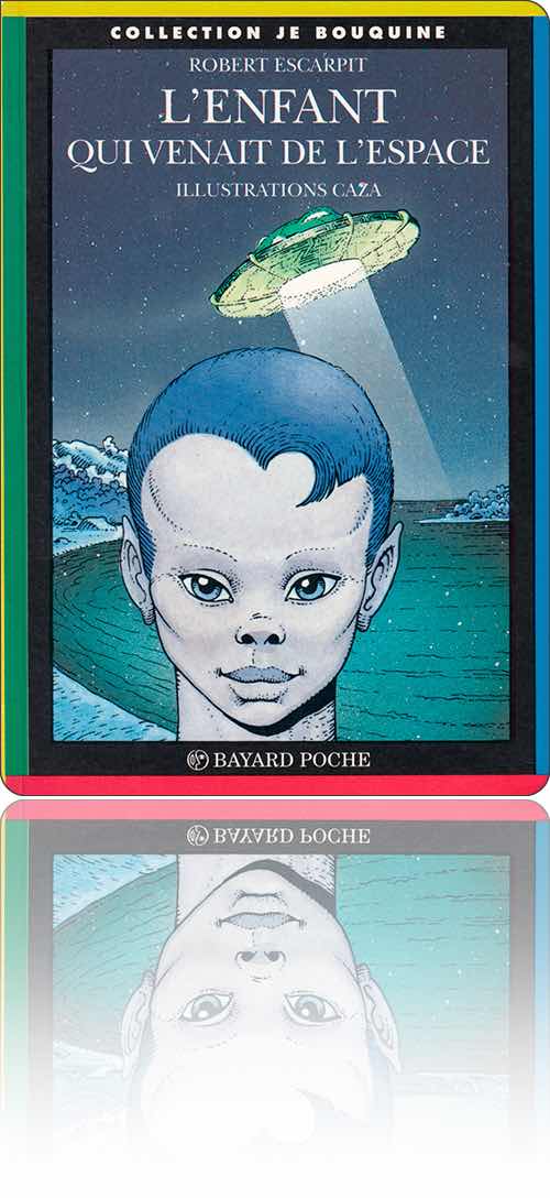 couverture dans les tons bleu-vert représentant la tête d'un jeune humanoïde qui semble à peine descendu d'une soucoupe volante