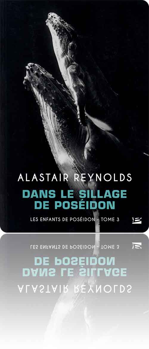 couverture en noir et blanc présentant un couple de baleines qui remonte vers la surface