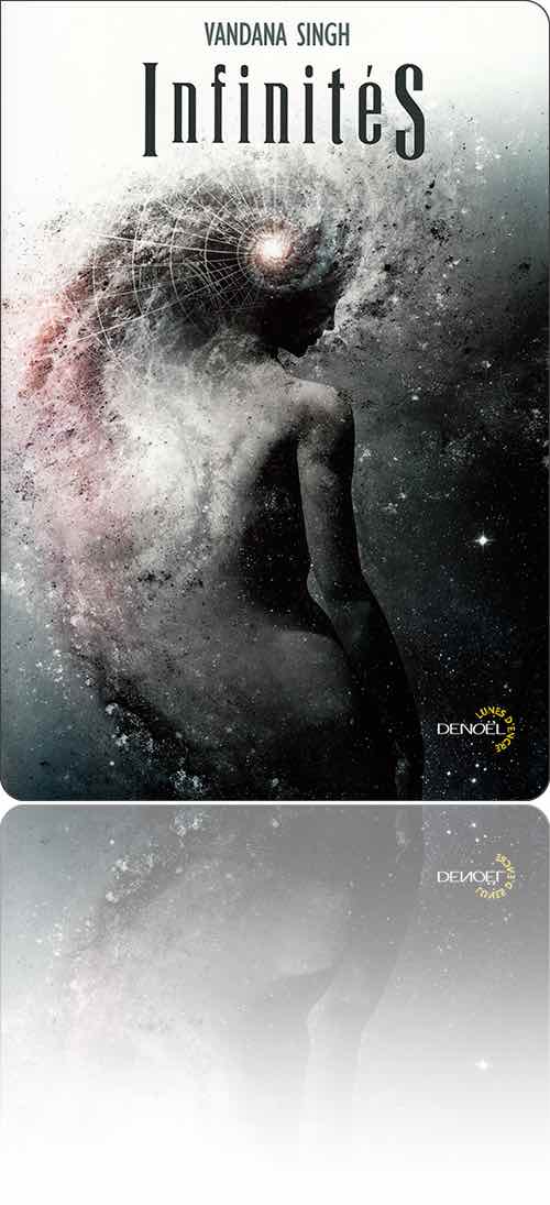 couverture représentant un bras de galaxie et son trou noir central confondus avec la tête et la chevelure d'une femme nue