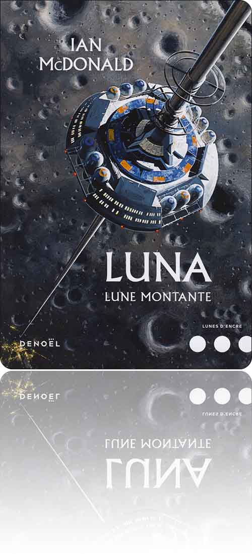 couverture représentant un ascenseur spatial bleu sale s'élevant de la surface de la Lune
