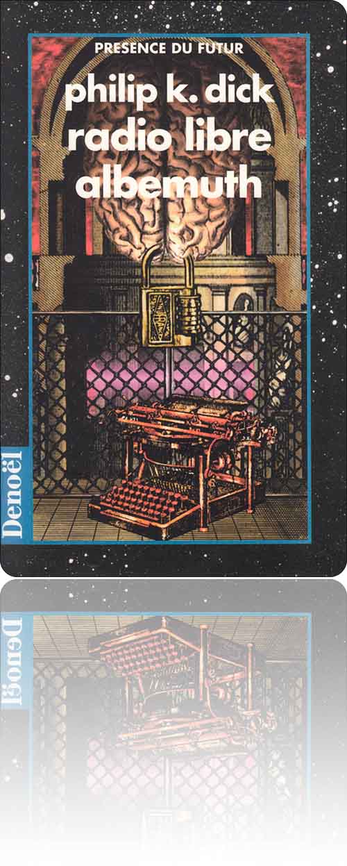 couverture dans les tons rougeâtres représentant une machine à écrire en forme de prie-dieu où se recueillir devant l'autel du cerveau cadenassé