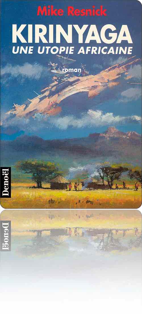 couverture impressionniste représentant dans le ciel un immense vaisseau spatial qui domine le mont Kenya et quelques cases africaines