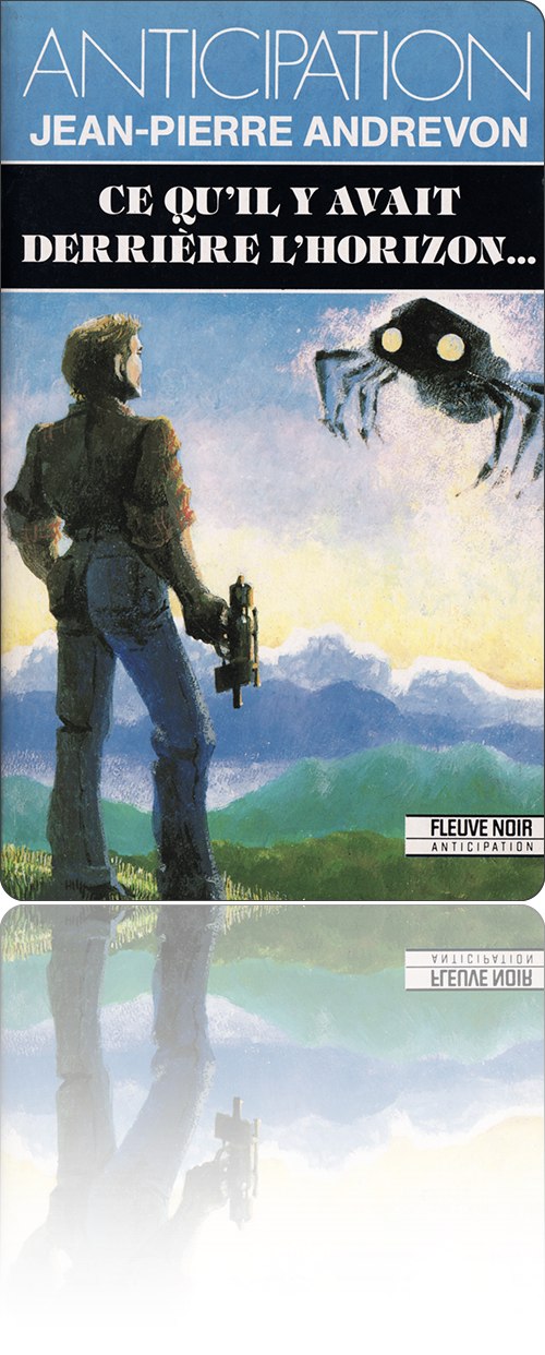 couverture représentant un homme l'arme baissée à la main, qui contemple le vol d'un vaisseau aérien en forme d'araignée