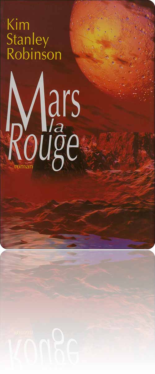 couverture dans les tons de rouge représentant une plaine rocheuse martienne surplombée par un tout proche satellite