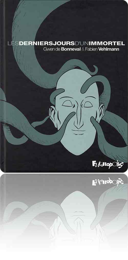 couverture dans les tons de vert représentant le visage d'un homme que caressent quelques tentacules