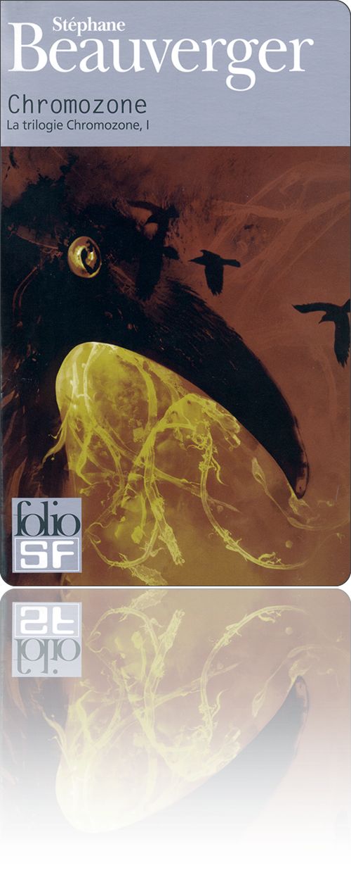 couverture représentant des oiseaux volant dans un ciel de rouille, l'œil et le bec de l'un en premier plan