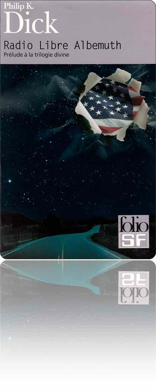 couverture dans les tons vert sombre représentant une route de campagne sous un ciel de carton troué qui laisse entrevoir le drapeau américain