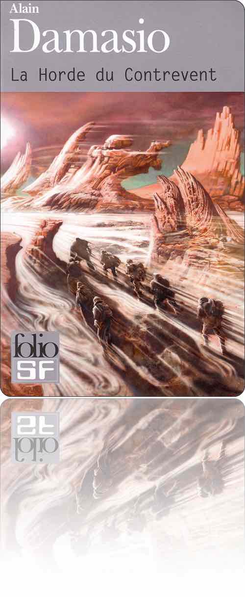 couverture dans les tons de marron représentant quelques individus qui luttent en file indienne contre le vent dans un désert de roches