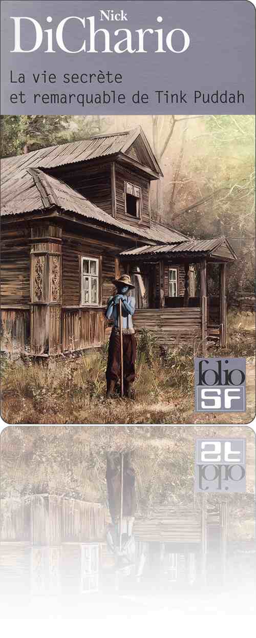 couverture représentant un personnage à la peau bleue qui pose debout, torse nu et appuyé sur son râteau dans une clairière devant sa maison en rondins