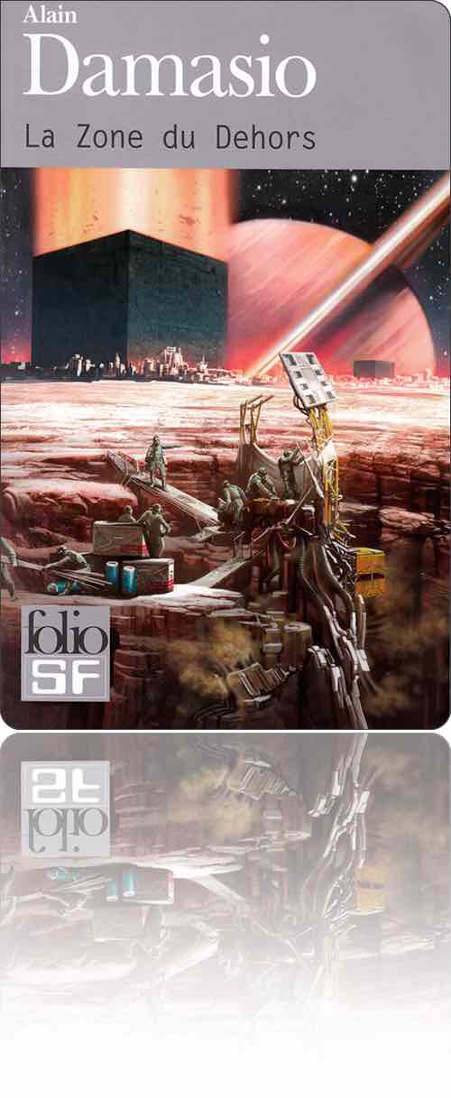 couverture représentant un groupe en train d'installer tout un appareillage à la surface d'un satellite de Jupiter, au large des habitats surplombés par des monolithes énergétiques cubiques et… noirs