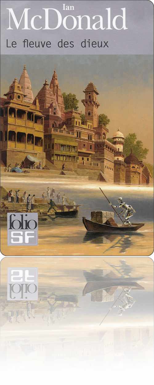 couverture représentant un robot à quatre bras poussant avec une perche une barque chargée sur les eaux du Gange, plusieurs bâtiments à l'architecture typique s'alignant sur la berge