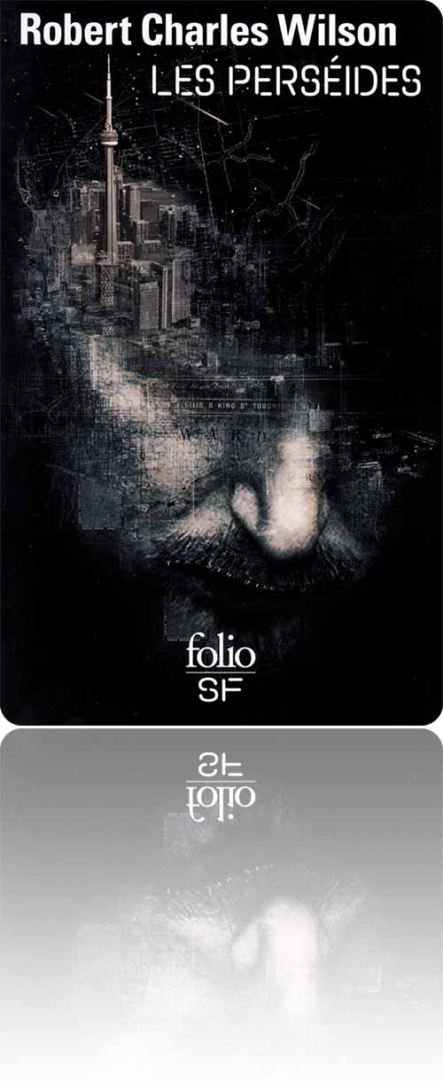 couverture dans les tons sombres représentant un visage masculin incrusté dans les immeubles de Toronto