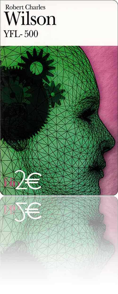 couverture dans les tons de vert et de violet représentant la structure 3D d'un visage féminin avec rouages pour cerveau
