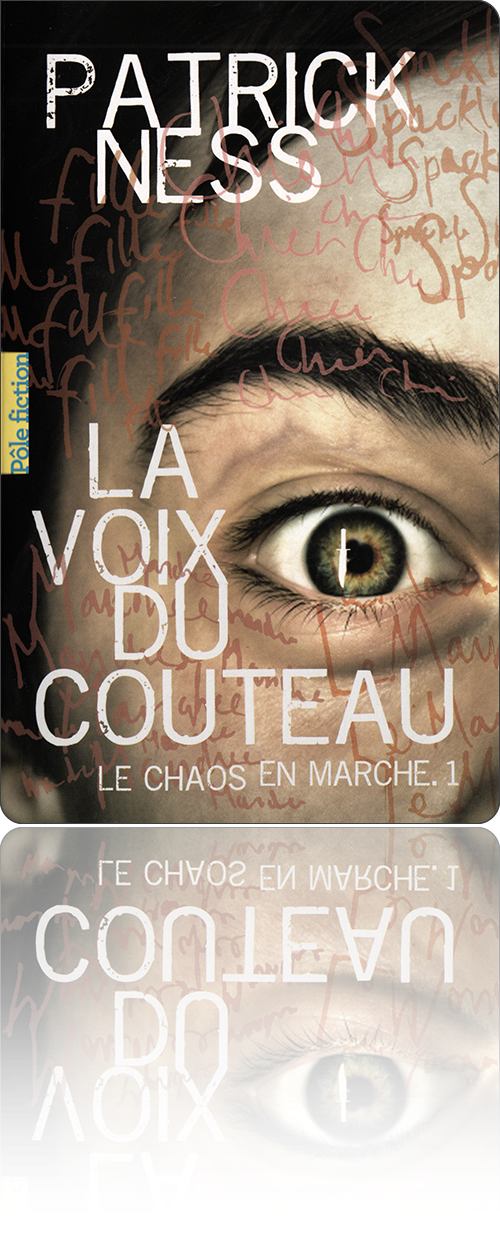 couverture représentant le quart supérieur droit d'un visage masculin sous une trame calligraphique