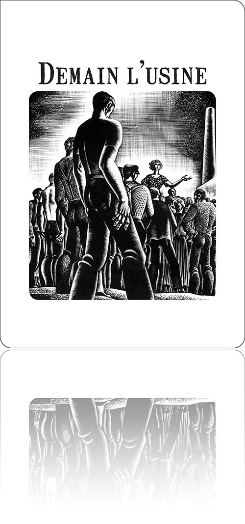couverture représentant un groupe d'ouvriers d'usine qui écoutent la harangue d'une déléguée
