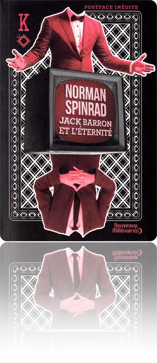 couverture dans les tons noir et rouge représentant le tronc d'un présentateur en costume de ville ou de soirée présenté tête-bêche avec son téléviseur sous forme de carte à jouer