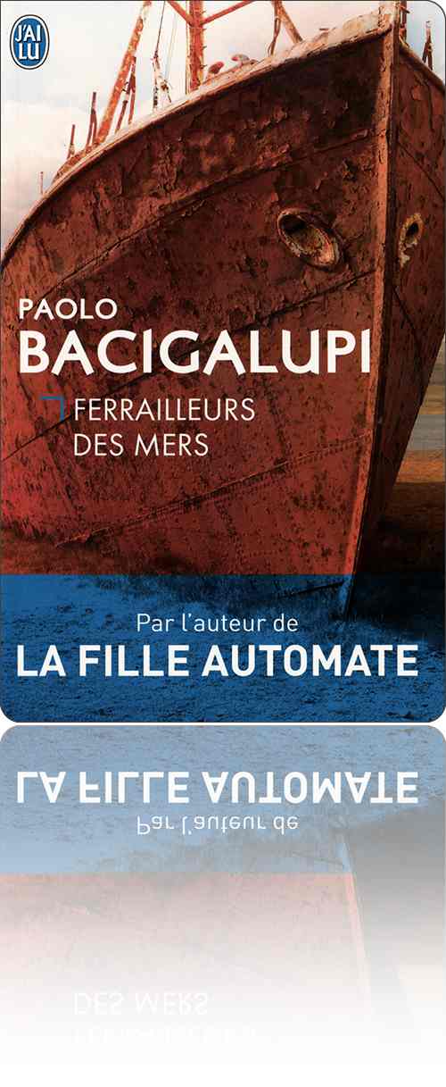 couverture présentant la photo de l'avant d'un bateau rouillé échoué sur le bleu du sable