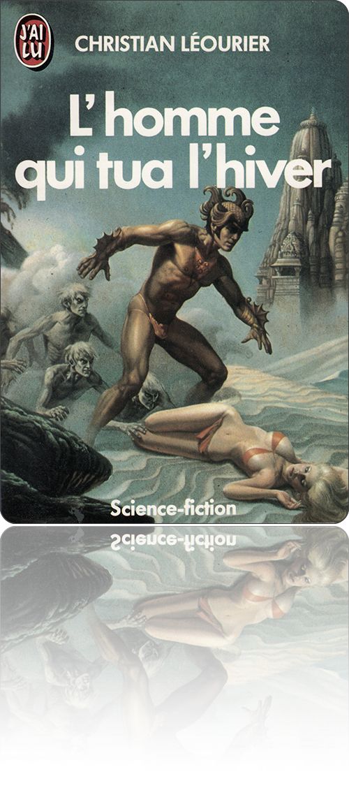 couverture représentant un guerrier antique peu vêtu debout devant une beauté antique peu vêtue étendue inconsciente sur le sable, alors que des sortes de fantômes cherchent à y placer la main…