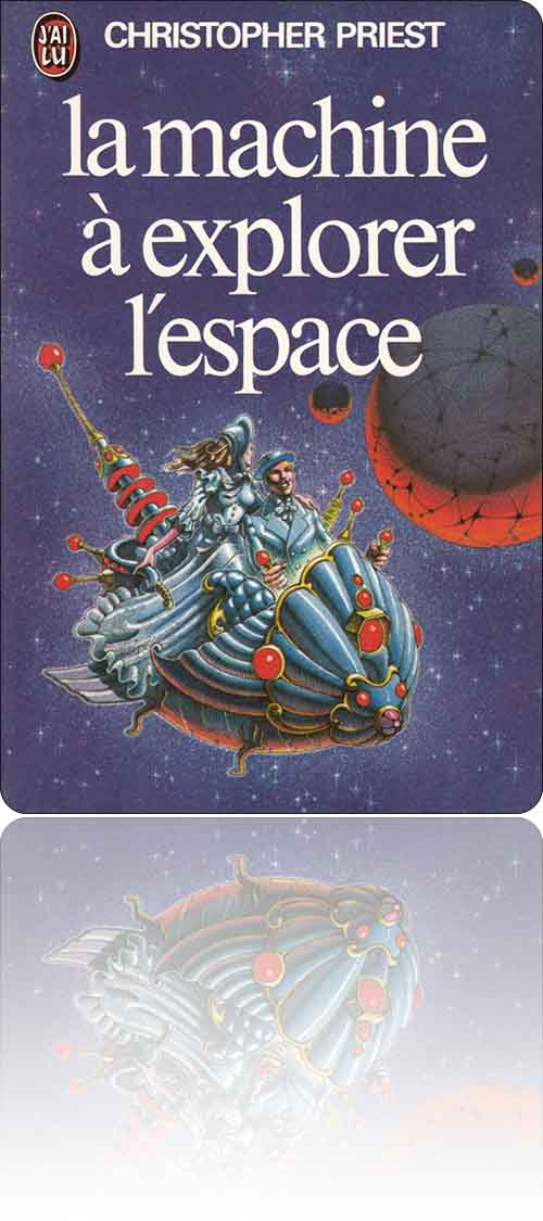 couverture dans les tons de bleu représentant un couple de la Belle Époque dans un vaisseau spatial steampunk décapotable qui circule entre les planètes