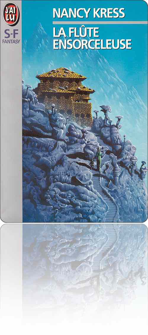 couverture dans les tons de violet représentant une femme et un enfant qui montent vers un temple doré en pleine montagne, parmi les excroissances champignonnesques qui entourent l'escalier sinueux