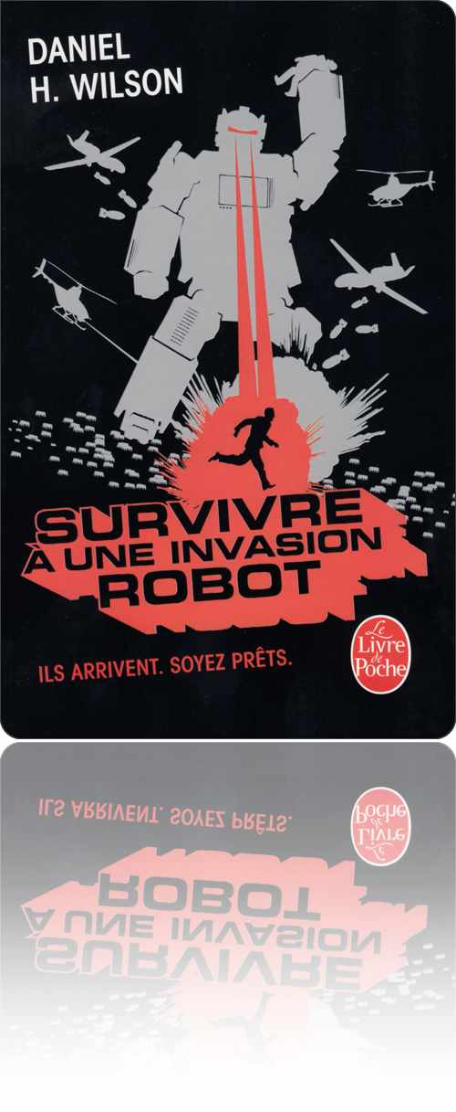 couverture représentant un gigantesque robot attaqué par une flotte aérienne et dont le regard au laser atteint de plein fouet un homme qui court pour s'échapper