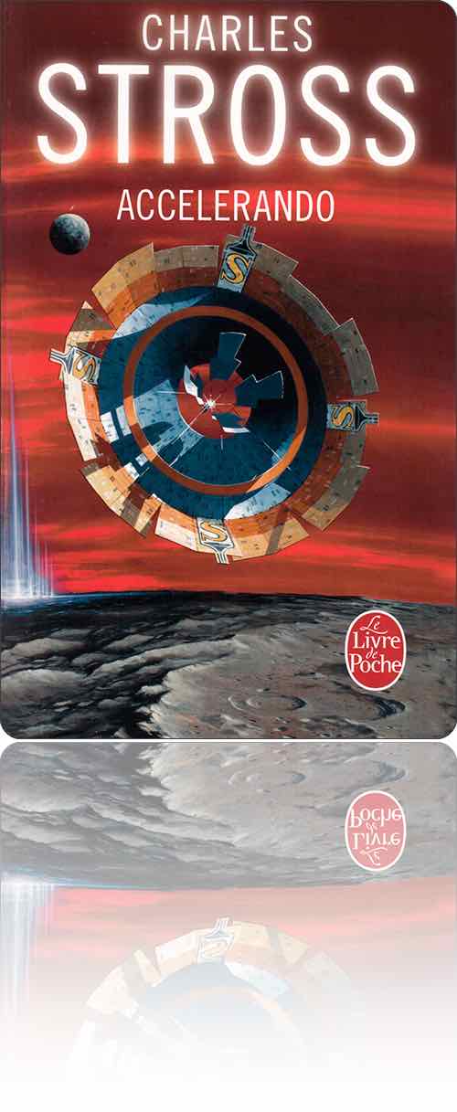 couverture dans les tons de rouge représentant une porte stellaire qui s'ouvre au-dessus d'un spatioport sur une planète lunaire