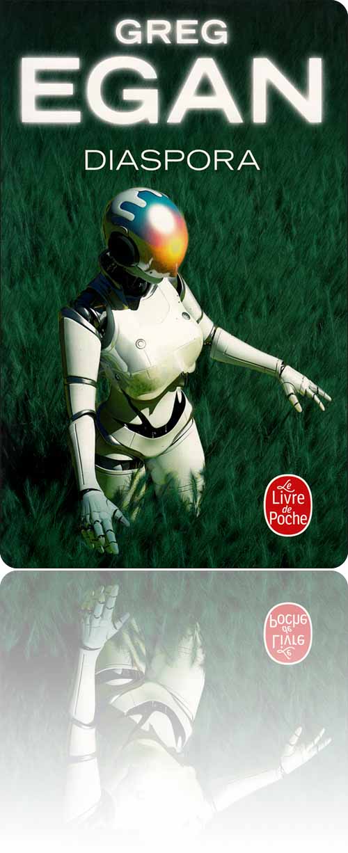 couverture représentant un personnage féminin robotique en scaphandre blanc qui découvre la texture de l'herbe verte, haute et numérique qui l'entoure