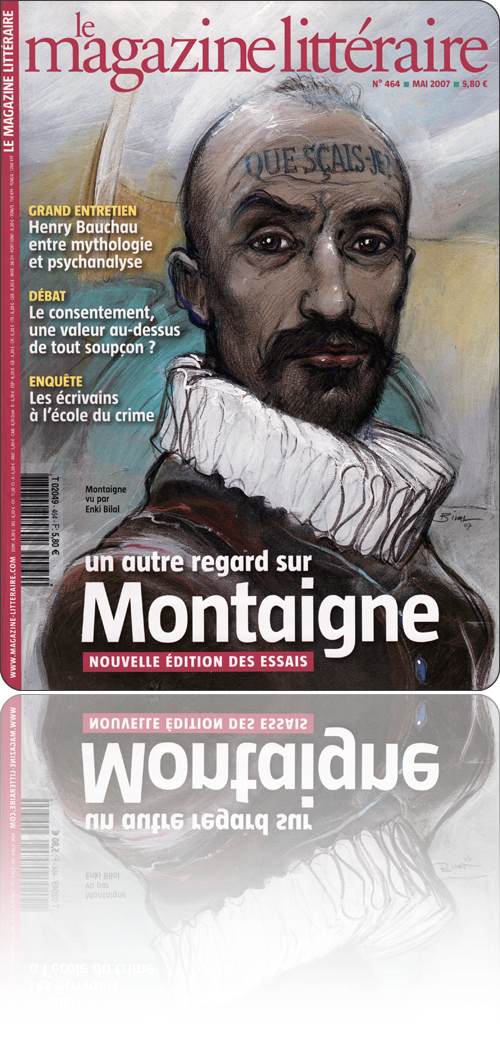 couverture représentant Michel de Montaigne en buste et costume à fraise, le fameux “Que sçais-je ?” tatoué sur le front