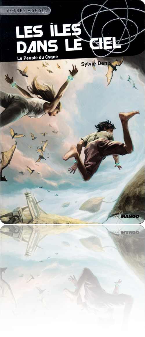 couverture représentant un couple d'adolescents qui volent dans le ciel parmi un essaim de chauves-souris au-dessus de quelques immeubles futuristes