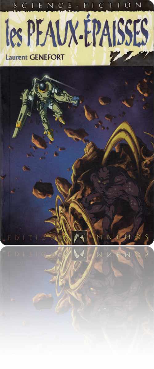 couverture représentant un personnage en armure spatiale de combat qui s'approche d'un vaisseau en forme d'astéroïde piloté par un extraterrestre musculeux